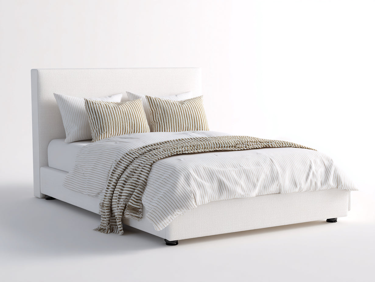 Letto matrimoniale - tessuto-legno - 214x170x122 cm - bianco panna - moderno imbottito