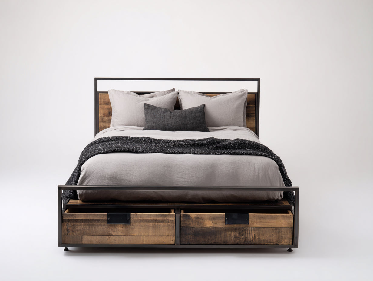 Letto matrimoniale - legno-metallo - 216x164x102 cm - rovere rustico-nero - industriale con cassetti